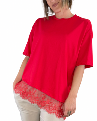 Habiti - Camiseta oblicua con encaje - ROJO