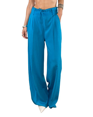 Vicolo - Pantalone palazzo viscosa/lino - TURCHESE