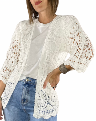 Susy Mix - Cardigan crochet manica 3/4 - BIANCO