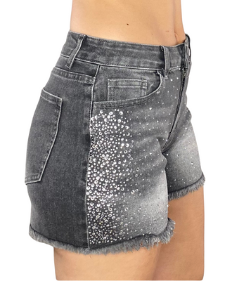 Habiti - Shorts sfrangiato in denim con strass - NERO