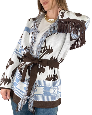 Vicolo - Cardigan etnico con frange - MORO
