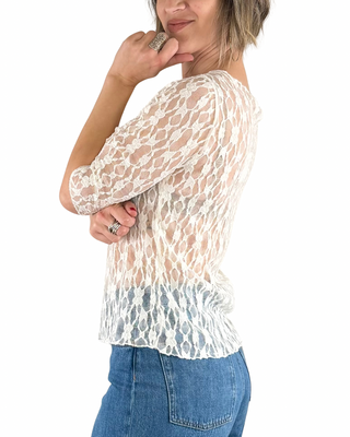 Habiti - T-shirt Chiara z koronką - KREMOWY
