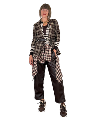 Habiti - Blazer check con spille e cintura - MORO
