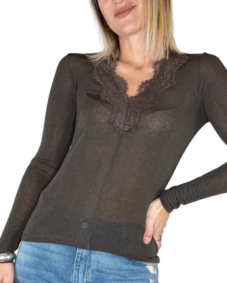 Haveone - T-shirt scollo V pizzo - MORO