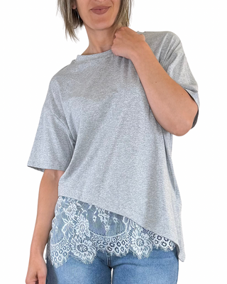 Habiti - T-shirt oblique avec dentelle contrastée - GRIS
