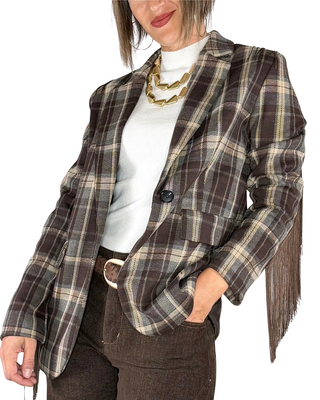 Habiti - Blazer check con frange - MORO