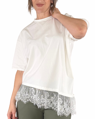 Habiti - T-shirt obliqua con pizzo - PANNA