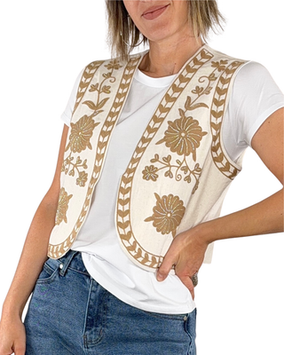 CADì - Gilet etnico ricamato misto lino - ECRU'