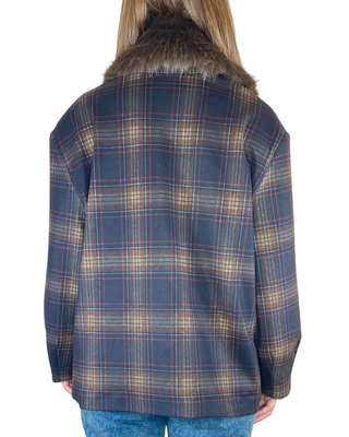 Tensione In - Cappottino over scozzese collo in ecopelliccia - BLU