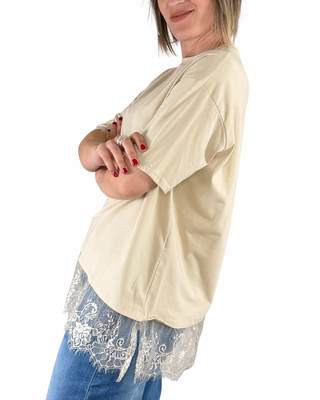 Habiti - Camiseta oblicua con encaje - BEIGE