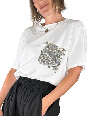 CADì - T-shirt Gala con taschino e paillettes - PANNA