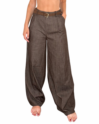 Habiti - Pantalone palazzo in chambray - MORO