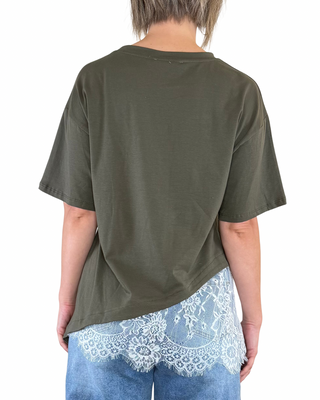 Habiti - Camiseta oblicua con encaje a contraste - VERDE MILITAR