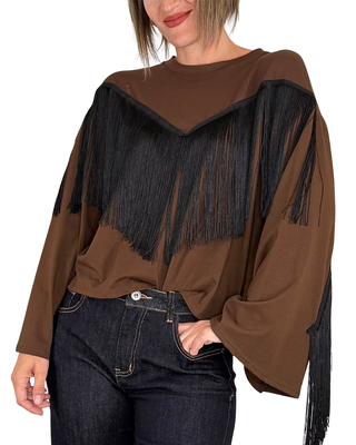 Habiti - T-shirt con frange - CIOCCOLATO