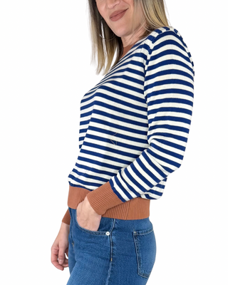 maglia cotone righe bordi contrasto tabacco - vista laterale