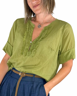Habiti - Blusa rouges in mussola - VERDE OLIVA