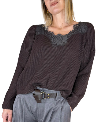 Haveone - Maglia scatola scollo pizzo - MORO