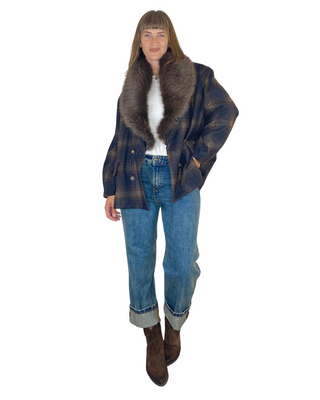 Tensione In - Cappottino over scozzese collo in ecopelliccia - BLU