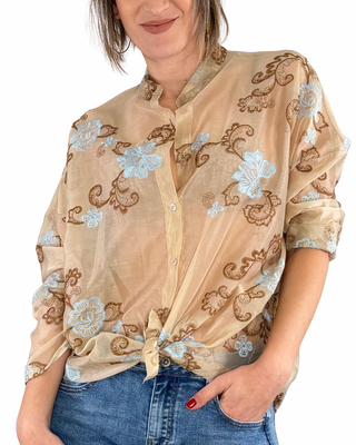 Habiti - Camicia coreana ricamata - BEIGE