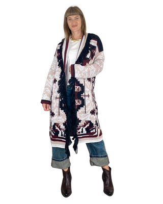 Vicolo - Cardigan lungo etnico con frange - BORDEAUX
