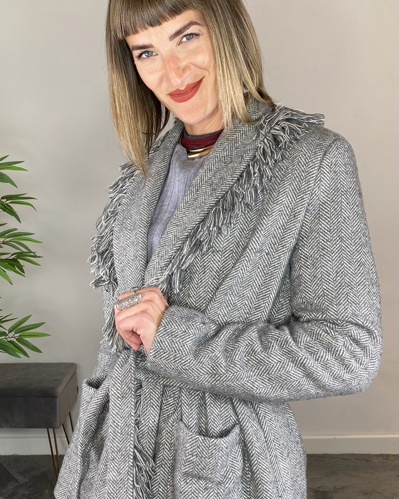 Cappotto spinato frange - GRIGIO