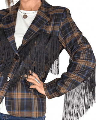 Habiti - Blazer check con frange - BLU - GIACCA E BLAZER - Habiti