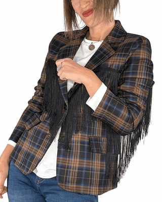 Habiti - Blazer check con frange - BLU - GIACCA E BLAZER - Habiti