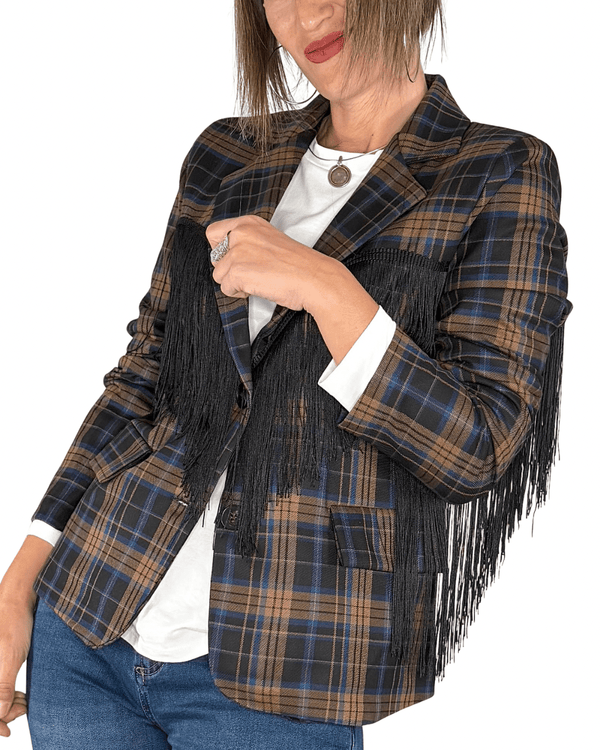 Habiti - Blazer check con frange - BLU