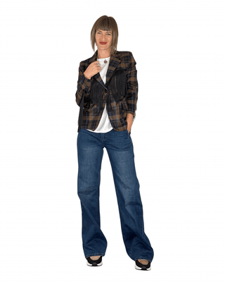 Habiti - Blazer check con frange - BLU - GIACCA E BLAZER - Habiti