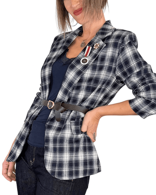 Habiti - Blazer check con spille e cintura - BLU - GIACCA E BLAZER - Habiti