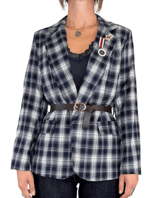Habiti - Blazer check con spille e cintura - BLU - GIACCA E BLAZER - Habiti