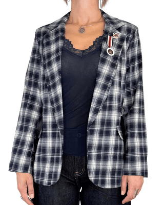 Habiti - Blazer check con spille e cintura - BLU - GIACCA E BLAZER - Habiti
