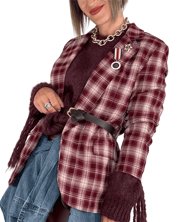 Habiti - Blazer check con spille e cintura - BORDEAUX