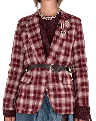 Habiti - Blazer check con spille e cintura - BORDEAUX - GIACCA E BLAZER - Habiti