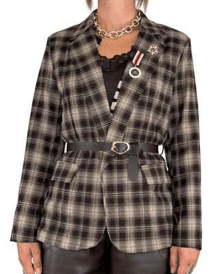 Habiti - Blazer check con spille e cintura - MORO - GIACCA E BLAZER - Habiti