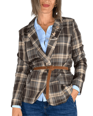 Habiti - Blazer quadri cintura e spille - FANGO - GIACCA E BLAZER - Habiti