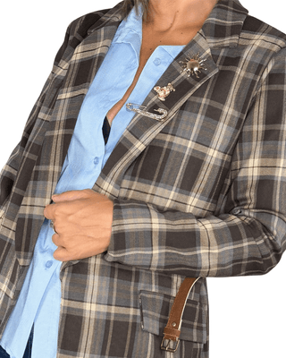 Habiti - Blazer quadri cintura e spille - FANGO - GIACCA E BLAZER - Habiti