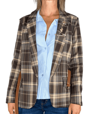 Habiti - Blazer quadri cintura e spille - FANGO - GIACCA E BLAZER - Habiti