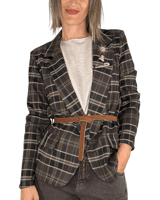 Habiti - Blazer quadri cintura e spille - MORO - GIACCA E BLAZER - Habiti