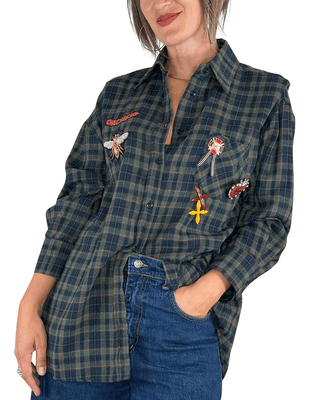 Habiti - Camicia check con patch e spille - BLU - CAMICIA - Habiti