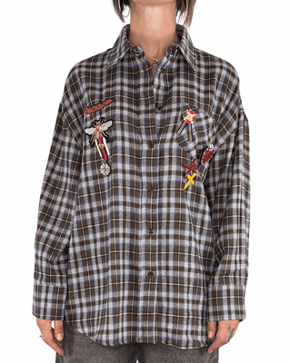 Habiti - Camicia check con patch e spille - MORO - CAMICIA - Habiti