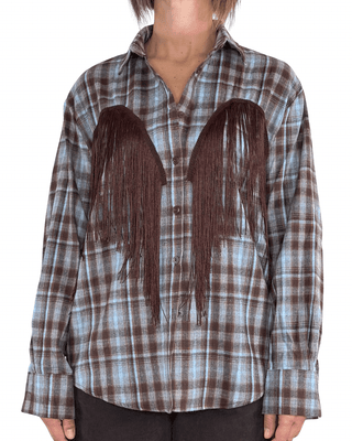 Habiti - Camicia flanella check con frange - TABACCO/CELESTE - CAMICIA - Habiti