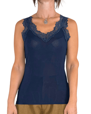 Habiti - Cashmerina canotta pizzo - BLU - T-SHIRT E TOP - Habiti