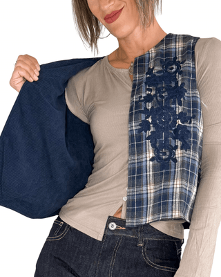 Habiti - Gilet check ricamato - BLU - GILET - Habiti