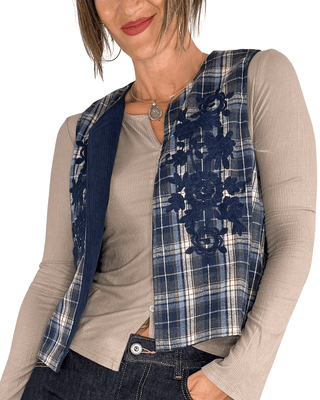 Habiti - Gilet check ricamato - BLU - GILET - Habiti