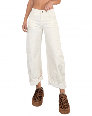 Habiti - Pantalone barrel velluto - PANNA - PANTALONE - Habiti