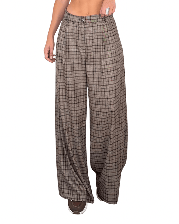 Habiti - Pantalone palazzo check - FANGO