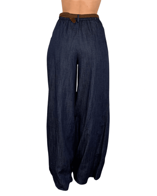 Habiti - Pantalone palazzo in chambray - BLU - PANTALONE - Habiti