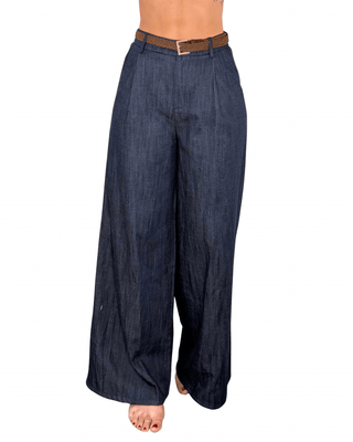 Habiti - Pantalone palazzo in chambray - BLU - PANTALONE - Habiti