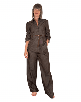 Habiti - Pantalone palazzo in chambray - MORO - PANTALONE - Habiti